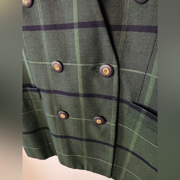 Vintage Green & Dark Navy Window Pane Plaid Double Breasted Blazer Size 10 - Picture 9 of 11